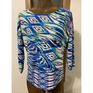 Chico's Blue Watercolor Top M 8/10 (Chicos Size 1) Dolman Sleeve